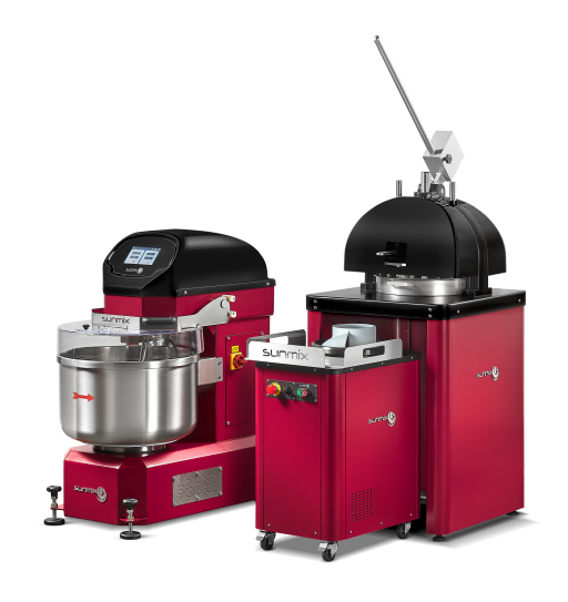Sunmix NOVA manueller Teigteiler mit Sunmix MOON Teigabrunder und Sunmix Spiral-Knetmaschinen in Rot Sunmix NOVA manueller Teigteiler mit Sunmix MOON Teigabrunder und Sunmix Spiral-Knetmaschinen in Rot